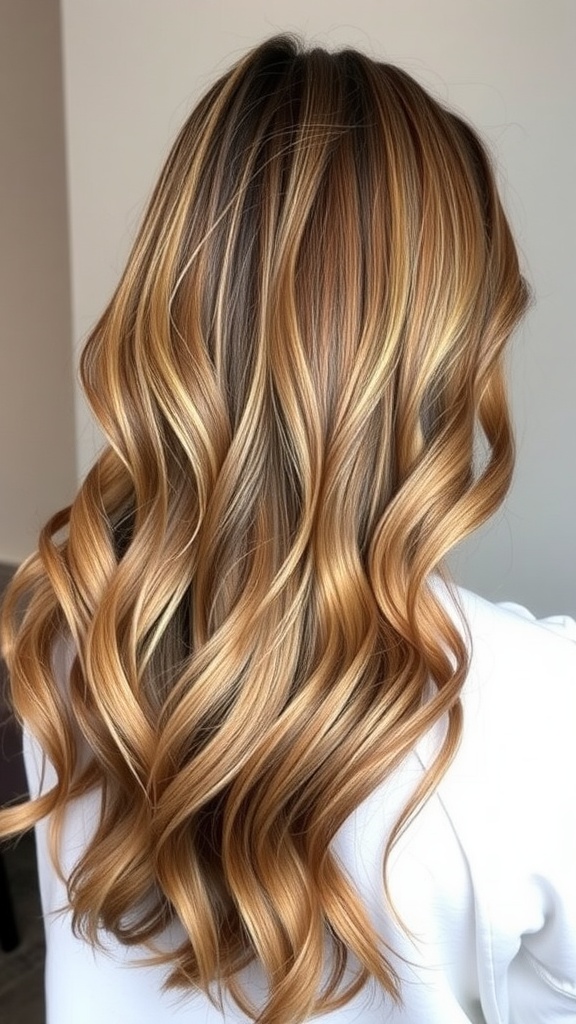 A beautiful bronde hairstyle with warm and cool tones, showing wavy hair from the back.
