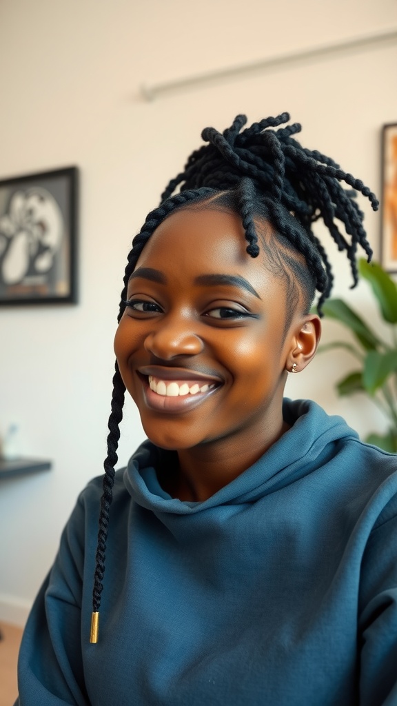 A young woman smiling with butterfly locs hairstyle.