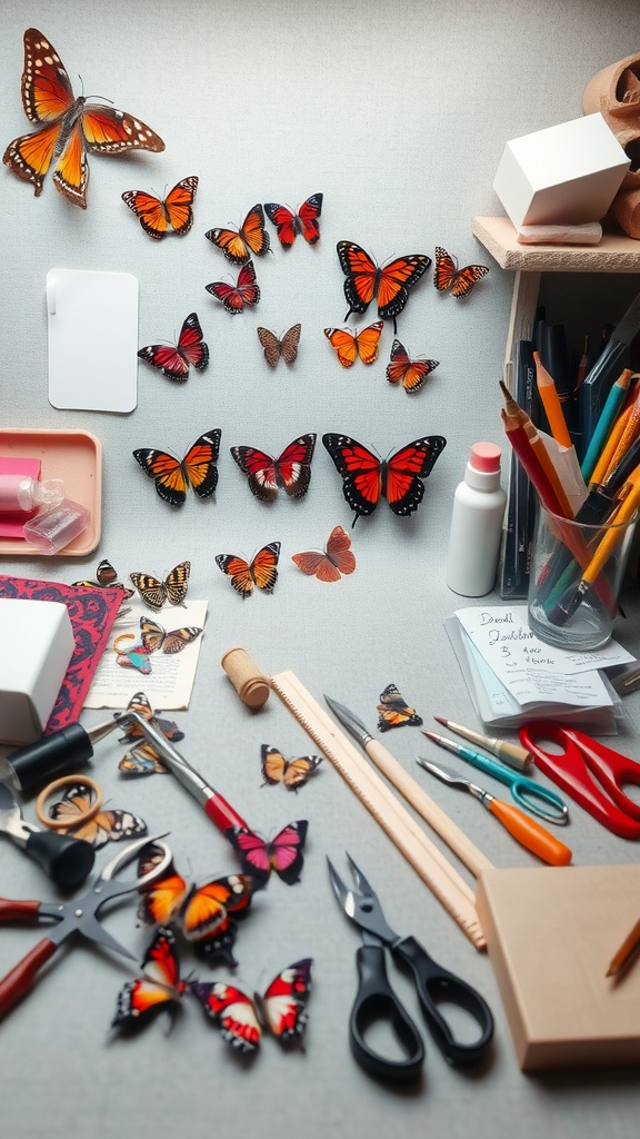 A workspace filled with butterfly decorations and nail art tools.
