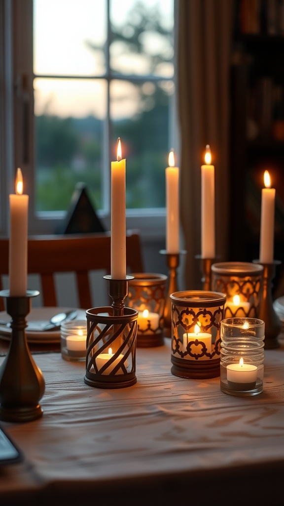 A cozy setup of various candle holders with lit candles on a table, creating a warm atmosphere.