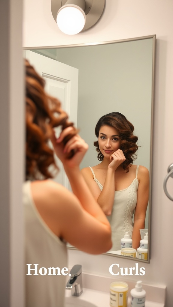 A young woman looking at herself in the mirror while styling her curls at home.