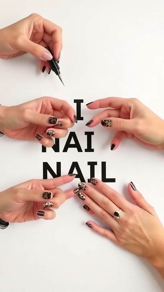 A close-up view of hands working on leopard nail art with various nail polish colors.