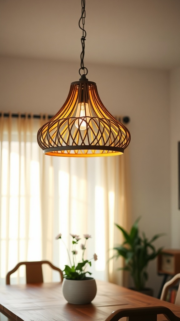 A stylish woven pendant light hanging above a wooden dining table with a plant.
