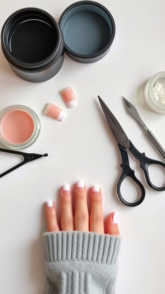 A flat lay of tools and materials for DIY square acrylic nail application.