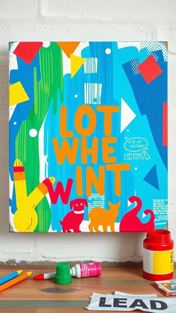 Colorful DIY wall art with playful shapes and animals