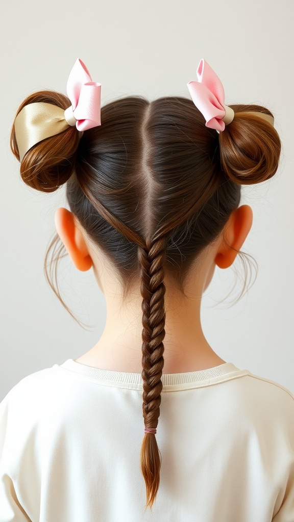 A hairstyle featuring two bows on top and a braided tail.