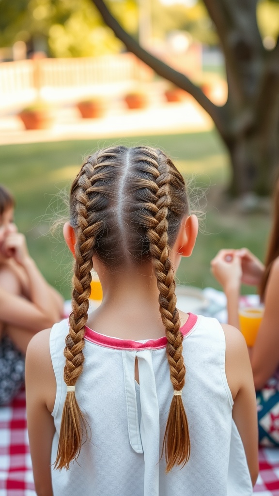 A girl with double braids, sitting with friends outdoors.