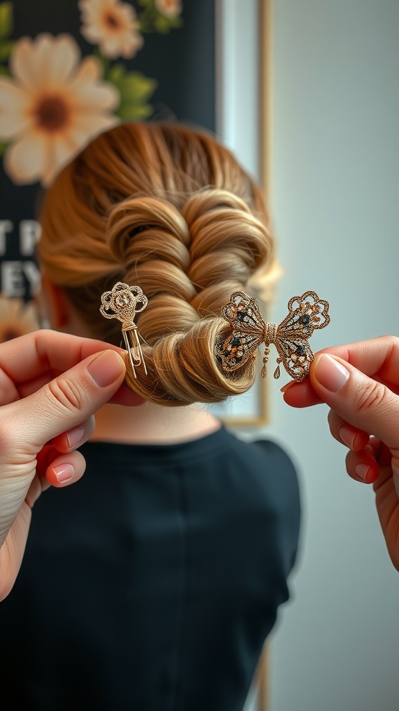 A woman with a double claw clip hairstyle, showcasing two decorative clips holding her braided hair.