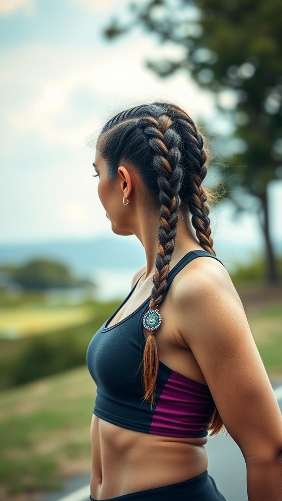 A woman with double Dutch braids, showcasing a sporty hairstyle.