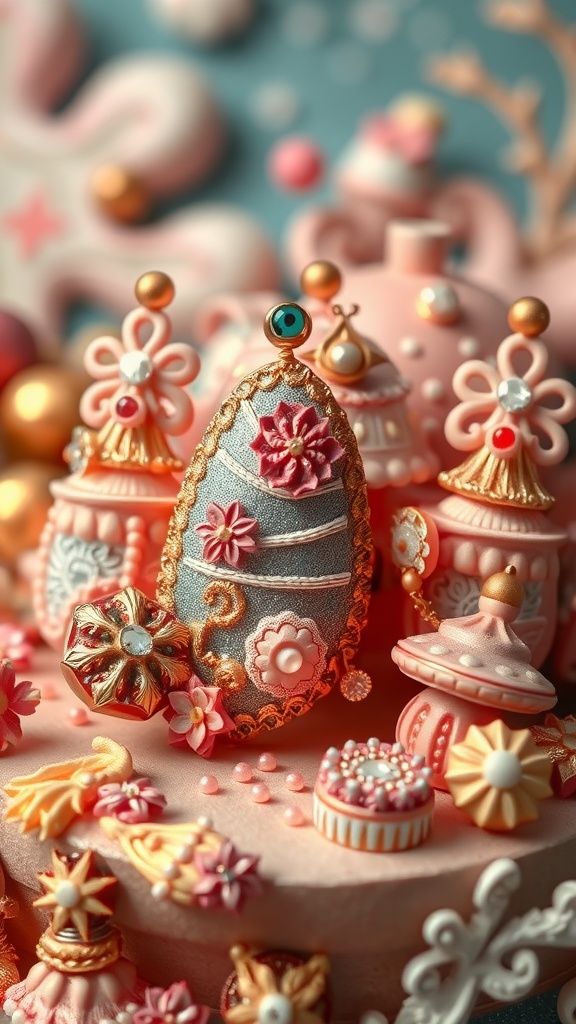 A colorful display of 3D nail art featuring various decorative elements.