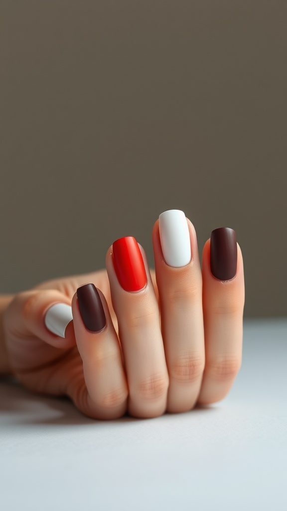 A hand showing nails with a dual-tone matte finish in red, white, and brown colors.