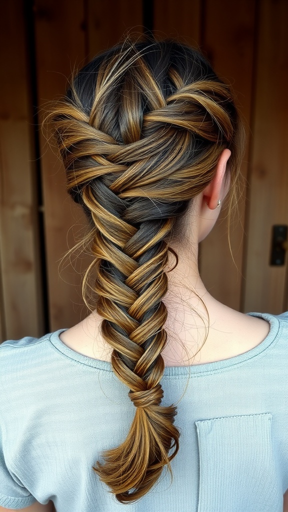 A close-up view of a Dutch braid hairstyle with a mix of dark and light hair colors.
