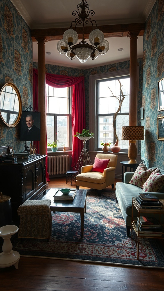 A cozy living room featuring dynamic patterns and prints in the decor.