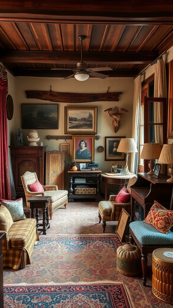 A cozy colonial interior with rich textures, including a patterned rug and vintage furniture.