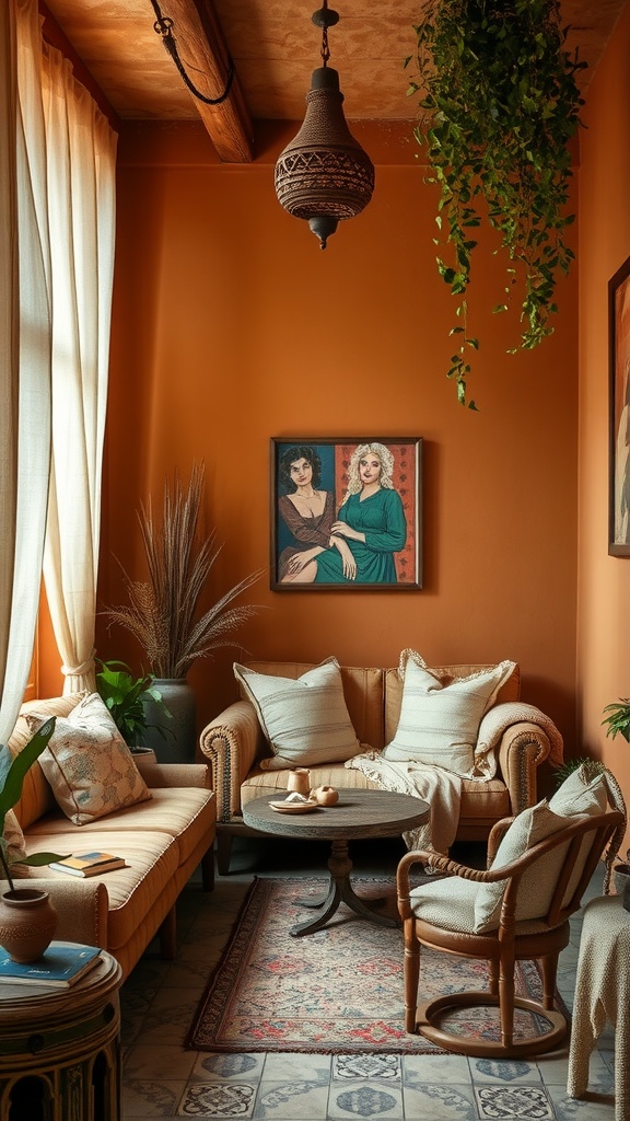 Cozy boho living room with earthy colors and plants