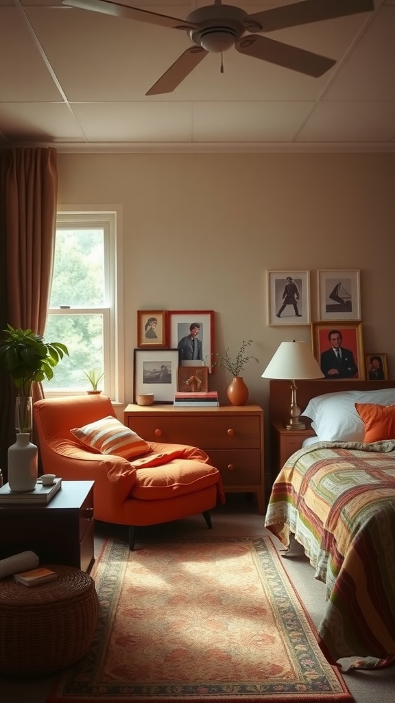 A cozy 70s inspired bedroom with earthy tones, featuring an orange chair and patterned bedspread.