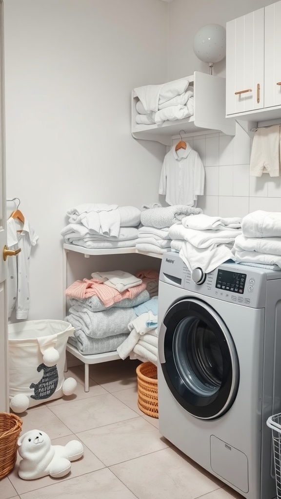 A tidy laundry room with neatly stacked baby clothes and a washing machine.
