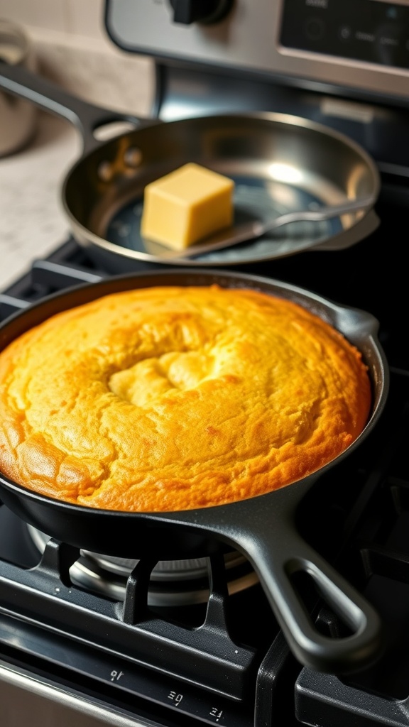 A freshly baked skillet cornbread in a black cast iron skillet on a stove.