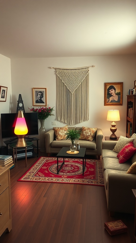 A cozy 70s inspired living room with a mix of decor including macramé wall art, a lava lamp, and vintage portraits.