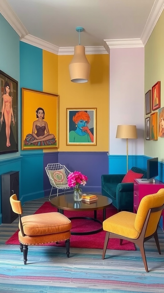 A vibrant room featuring eclectic color palettes with artwork and unique furniture.