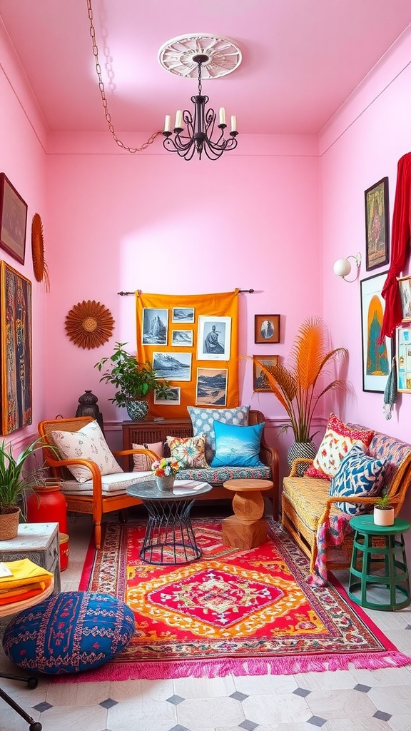 A cozy bohemian interior with eclectic colors and patterns