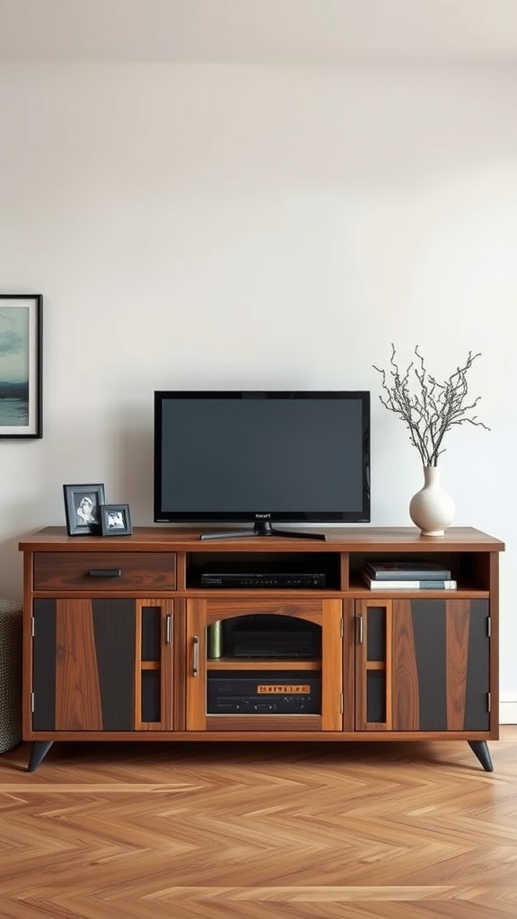 A stylish TV unit with a mix of wooden textures and modern decor elements.