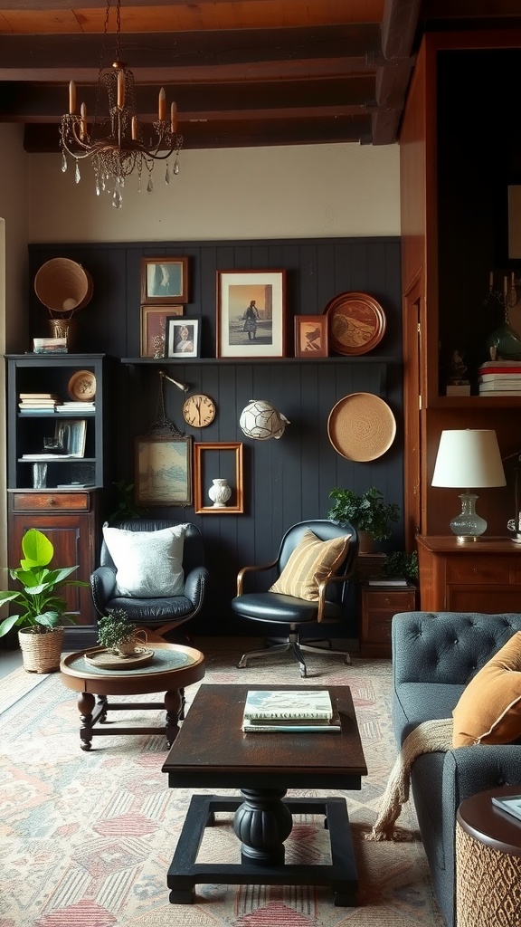 Cozy living room featuring dark wood interiors and vintage decor