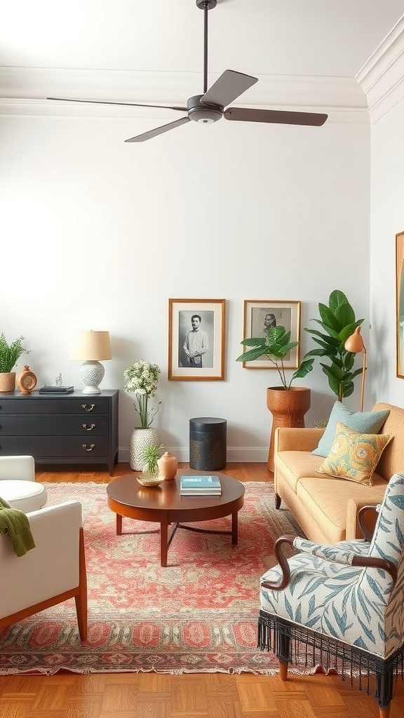 A cozy living room featuring a mix of modern and vintage furniture, plants, and art.