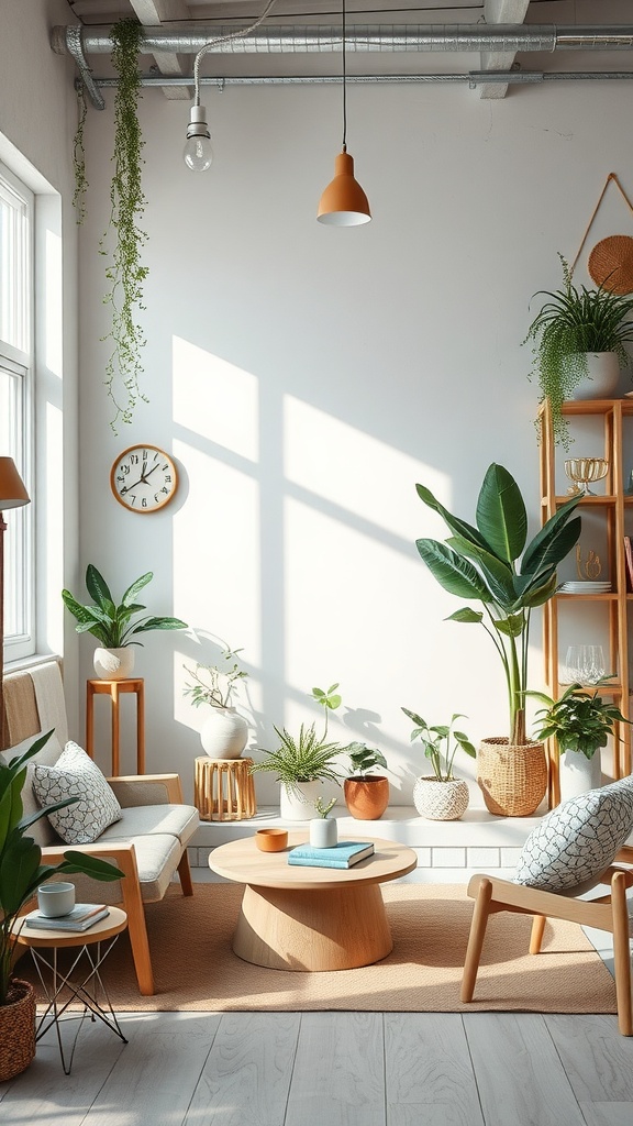 Bright and cozy living room with plants and light decor