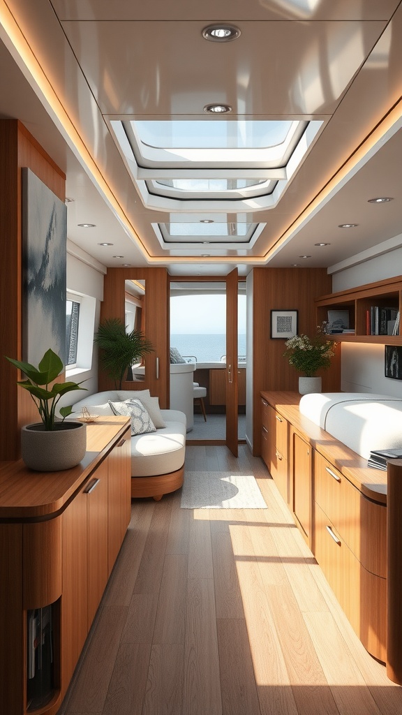 Luxury yacht interior showcasing eco-friendly materials with wooden finishes and large windows.