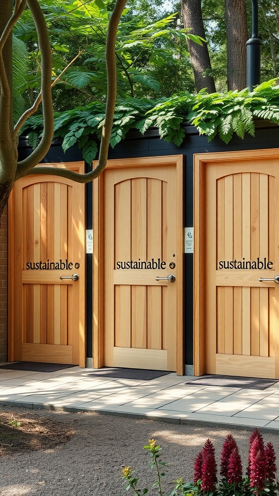 Eco-friendly wood doors labeled 'sustainable' in a green setting.