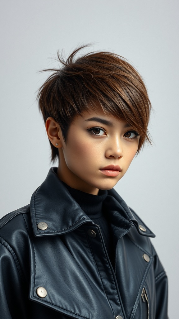 A person with an edgy pixie haircut featuring sharp bangs, wearing a stylish dark jacket.