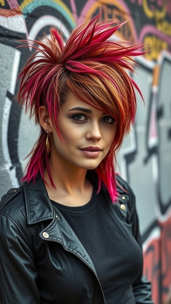 A woman with an edgy shag mullet hairstyle, featuring vibrant pink and orange colors, wearing a leather jacket.