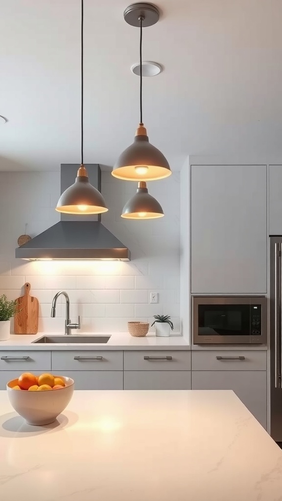 Stylish kitchen with pendant lights and modern appliances.