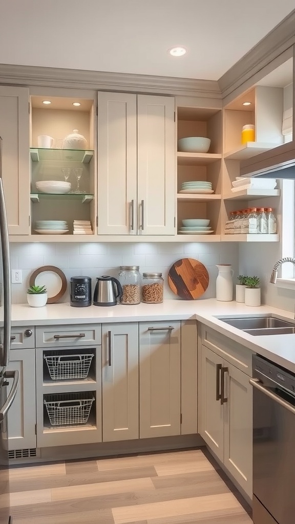 A modern kitchen showcasing efficient storage solutions with open shelves and pull-out baskets.