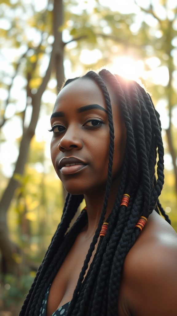 A woman with butterfly locs in a natural setting, showcasing a relaxed bohemian style.