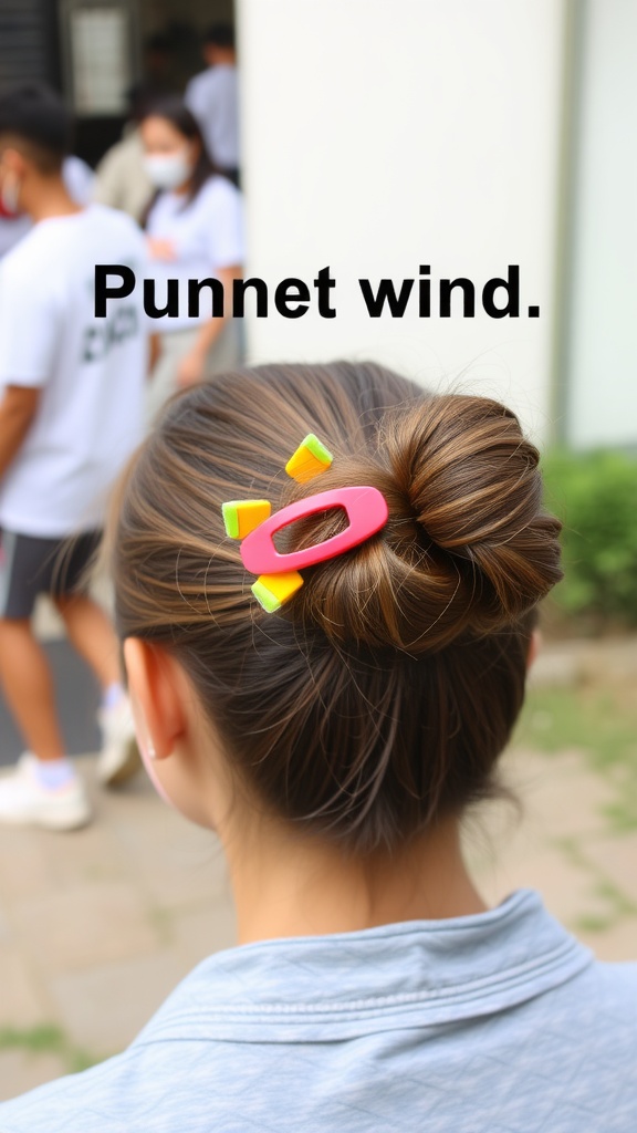 A girl with a messy bun secured by a colorful claw clip.