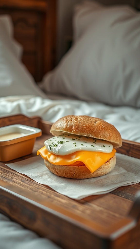 A delicious egg and cheese breakfast sandwich on a wooden tray