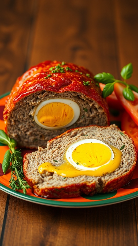 A delicious egg and cheese stuffed meatloaf, sliced to showcase the cheesy filling and egg yolk.