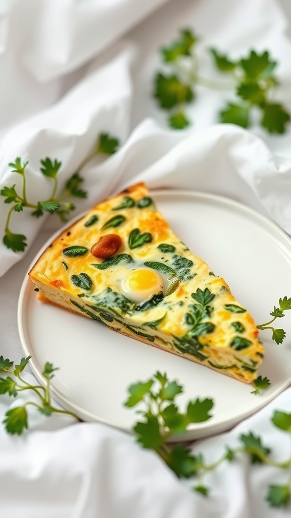 A slice of egg and spinach frittata served on a plate with garnishes.