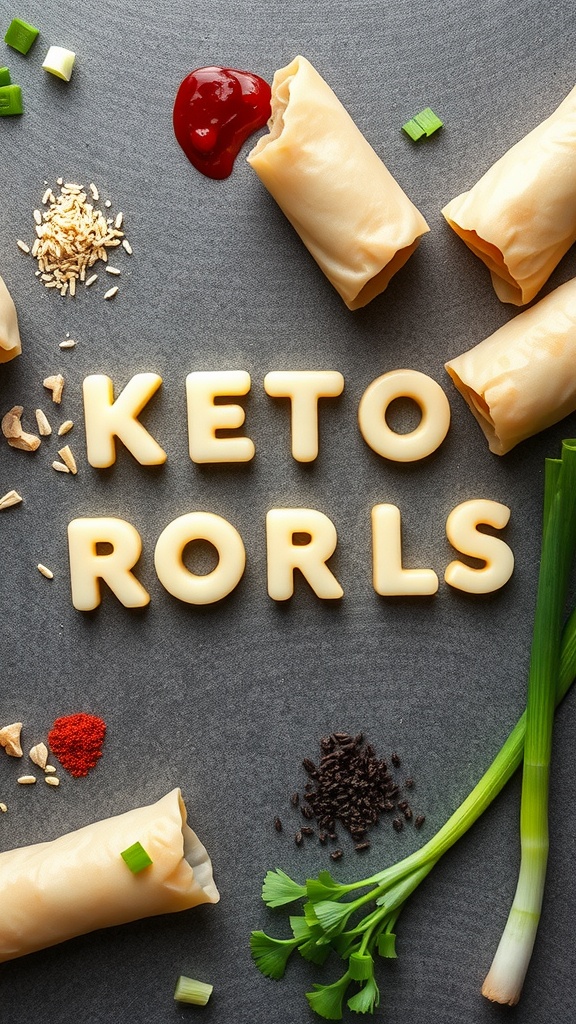 Keto egg rolls with garnishes and toppings