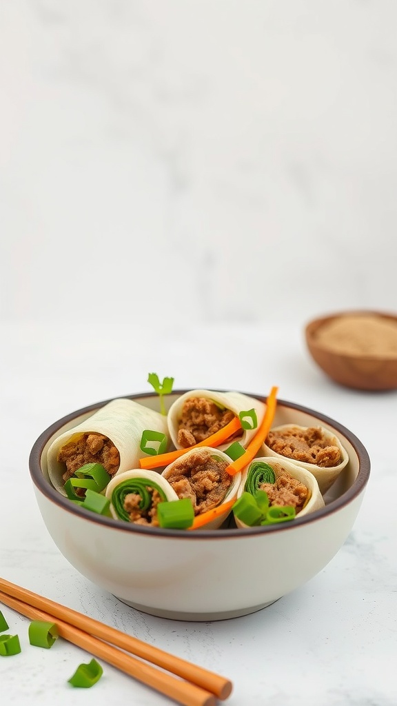 Bowl of egg roll ingredients with green onions and carrots