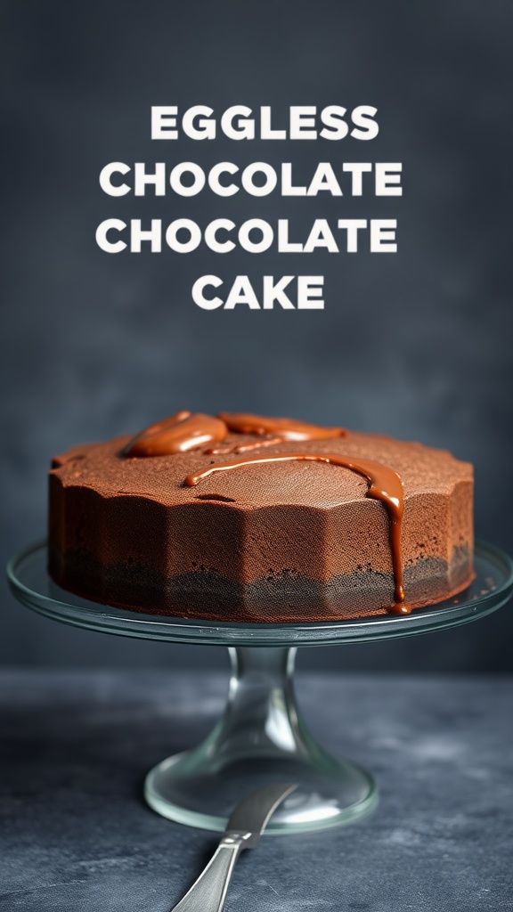 Eggless chocolate cake on a glass stand with chocolate drizzle