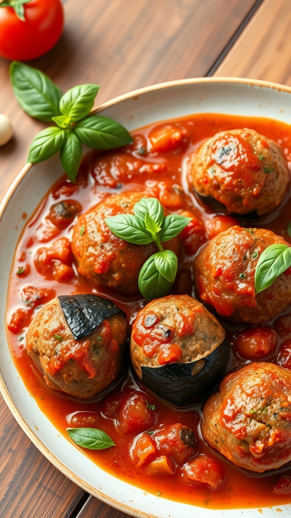 A plate of eggplant and beef meatballs in marinara sauce garnished with basil