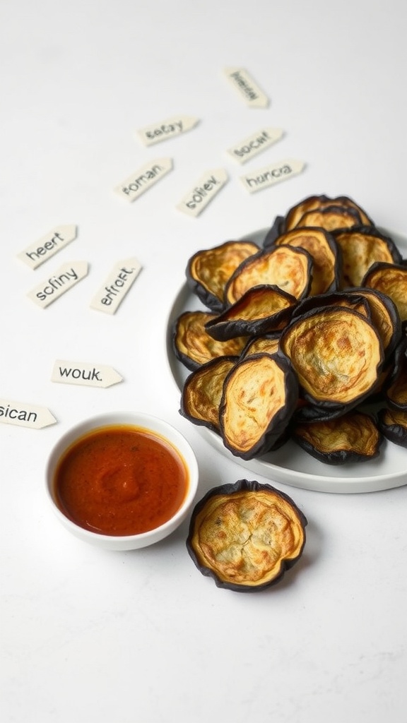 A plate of crispy eggplant chips with a spicy dip in a small bowl.