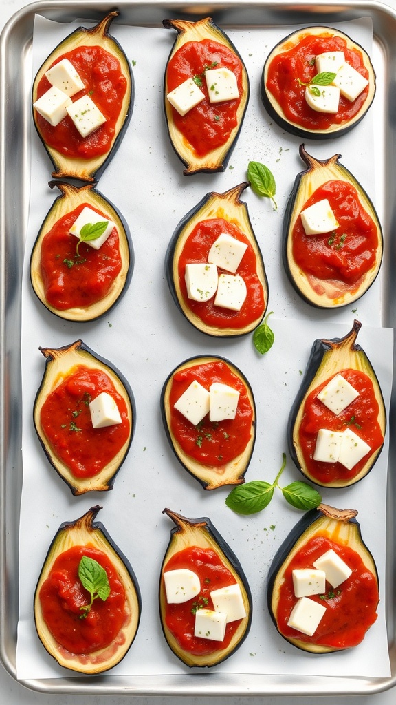 Eggplant pizza slices topped with marinara sauce and cheese