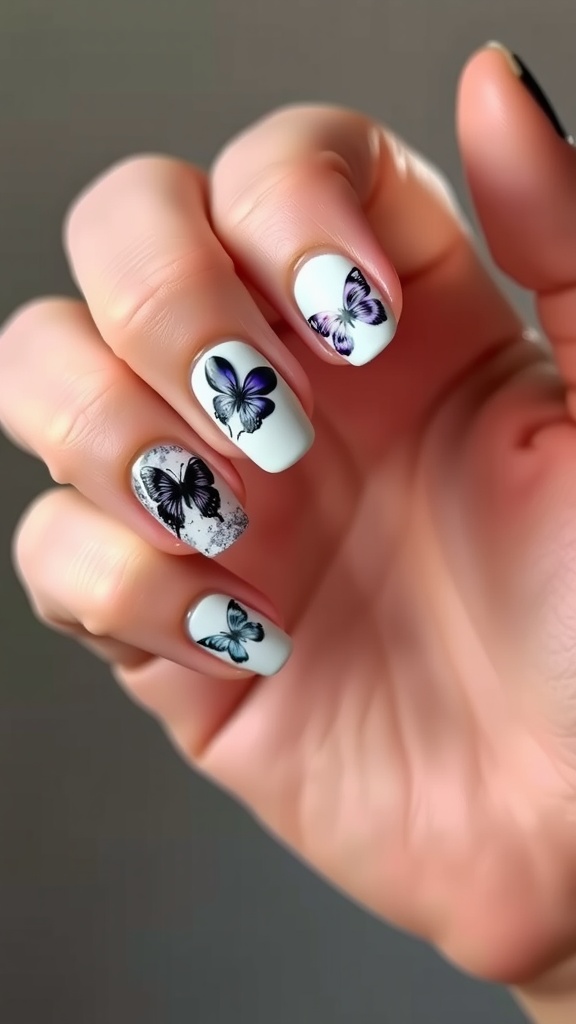 A close-up of a hand with beautifully designed butterfly nail art.