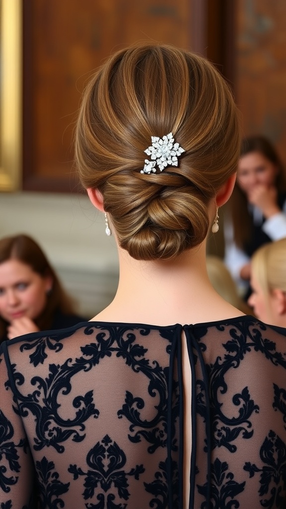 A woman with a stylish chignon hairstyle adorned with a decorative hairpiece.