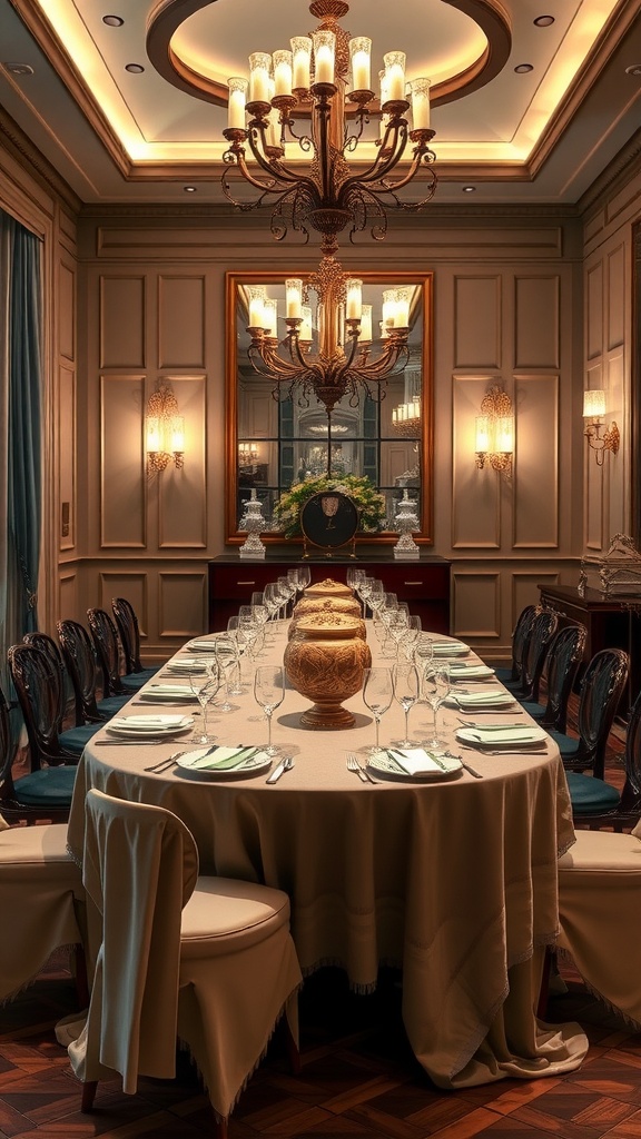 An elegantly designed dining room with a long table set for a formal meal, featuring luxurious decor and a grand chandelier.