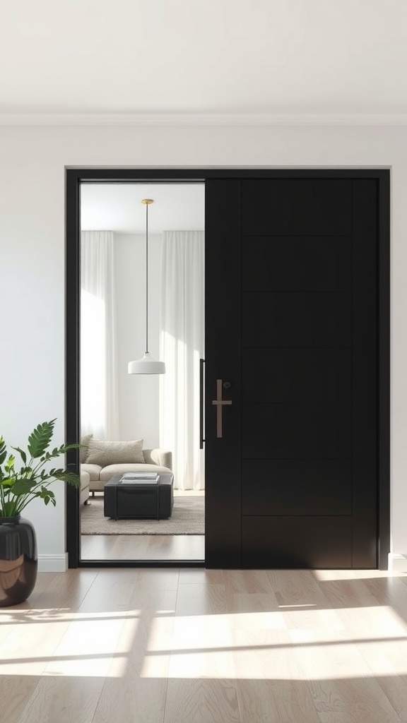 Interior view of elegant frameless black doors leading to a bright room
